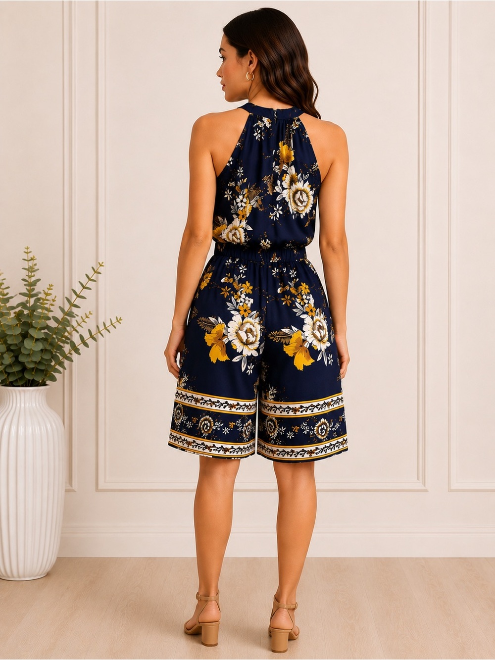 Women’s Navy Floral Halter Romper Size XS - Picture 2 of 4